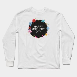 Happy Mother's day greeting card with circle black frame decorative hand drawn abstract flowers Long Sleeve T-Shirt